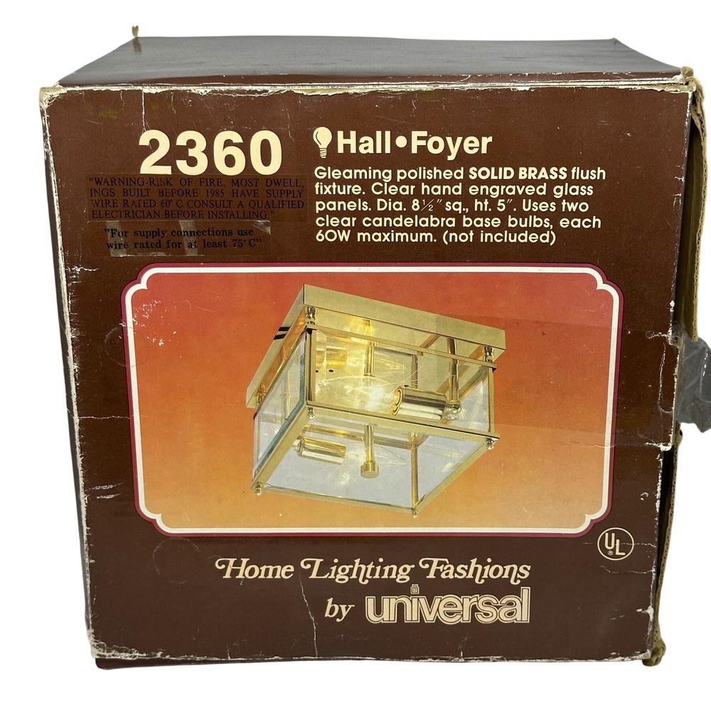 VTG Universal Flush Mount Ceiling Light Brass Engraved Glass Square‎ Mid Century